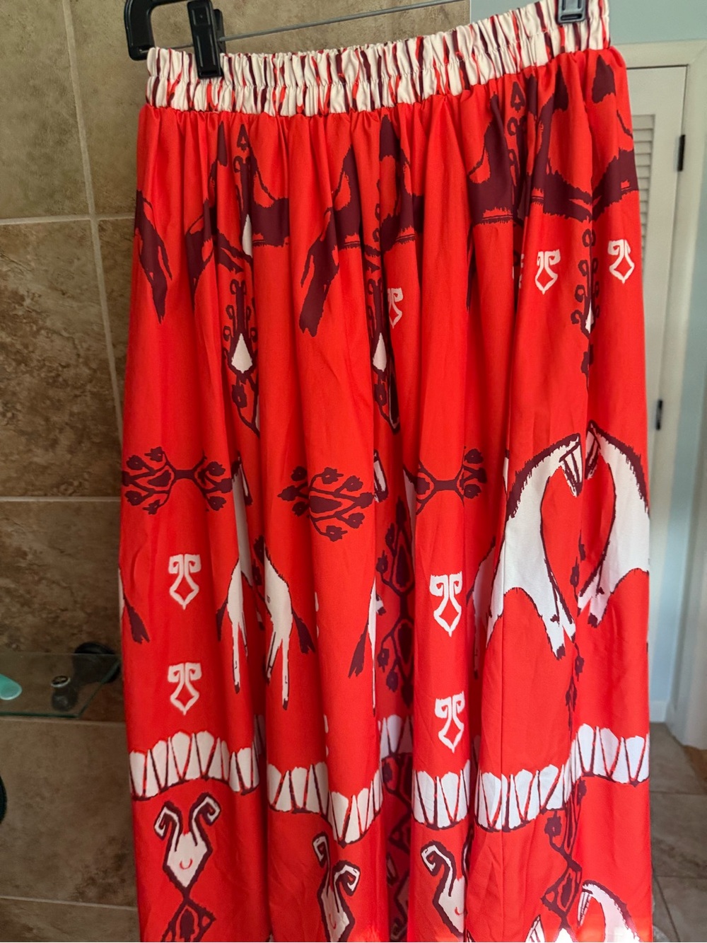 Anthropologie Red Printed Maxi Skirt with White Motif